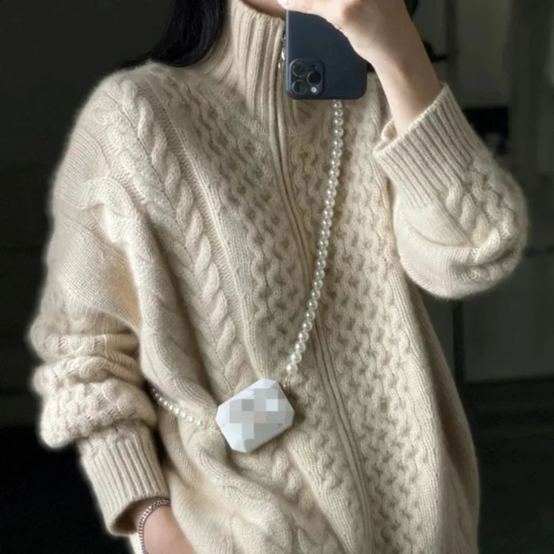 Autumn Winter Thick Turtleneck Cashmere Knitted Cardigan Women Casual Knit Loose Wool Sweater Larg Size Female Jacket Tops 251013