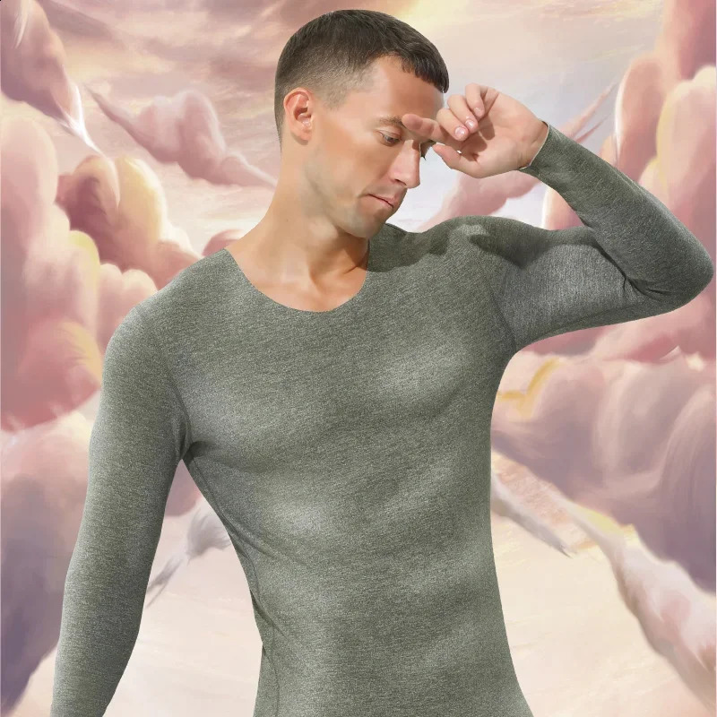 2PCS Mens seamless thermal underwear fleece lined and thickened single piece long sleeve base layer wool top 251023