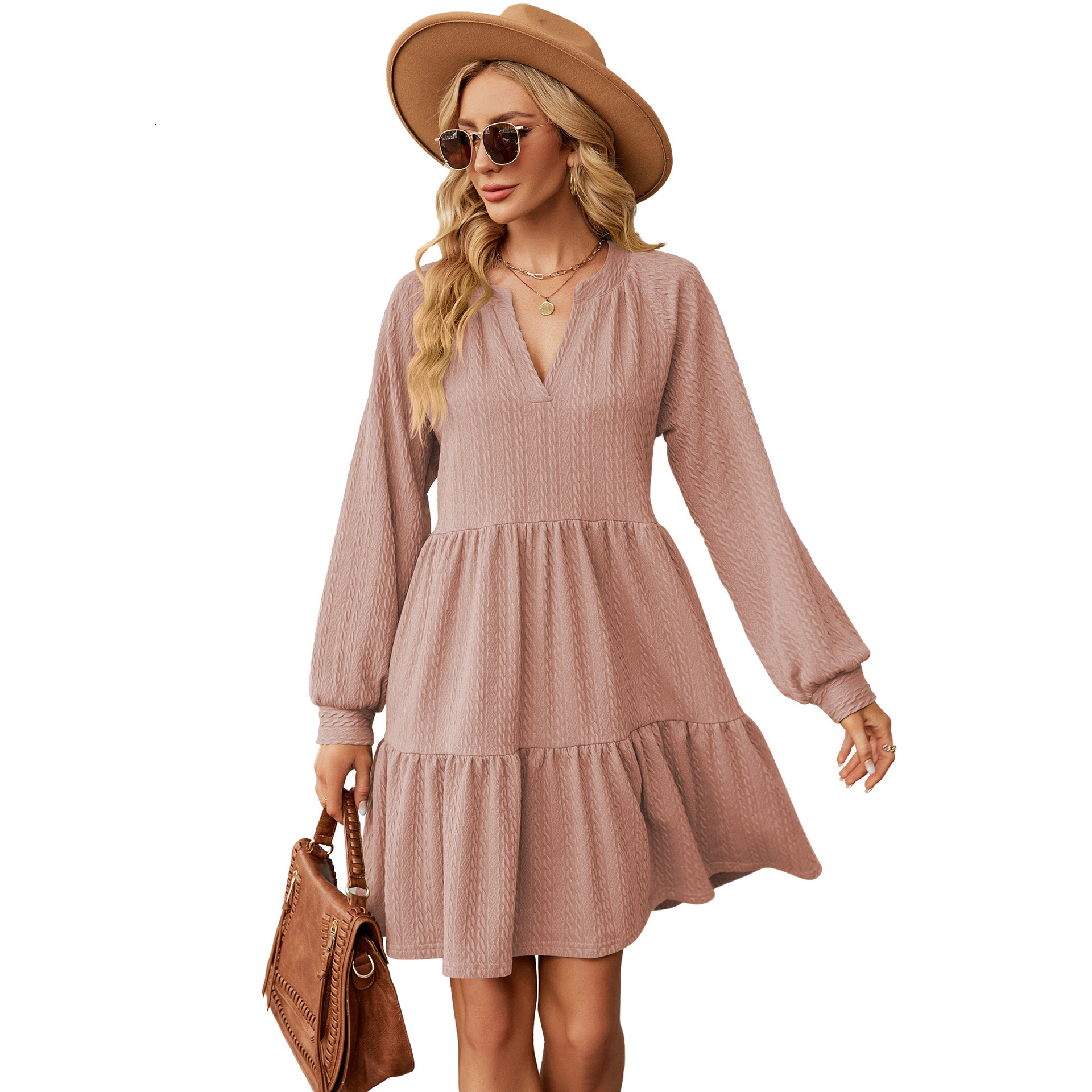 European and American autumn and winter new solid color V-neck loose pleated patch long sleeved dress designer fashionable hot selling dress