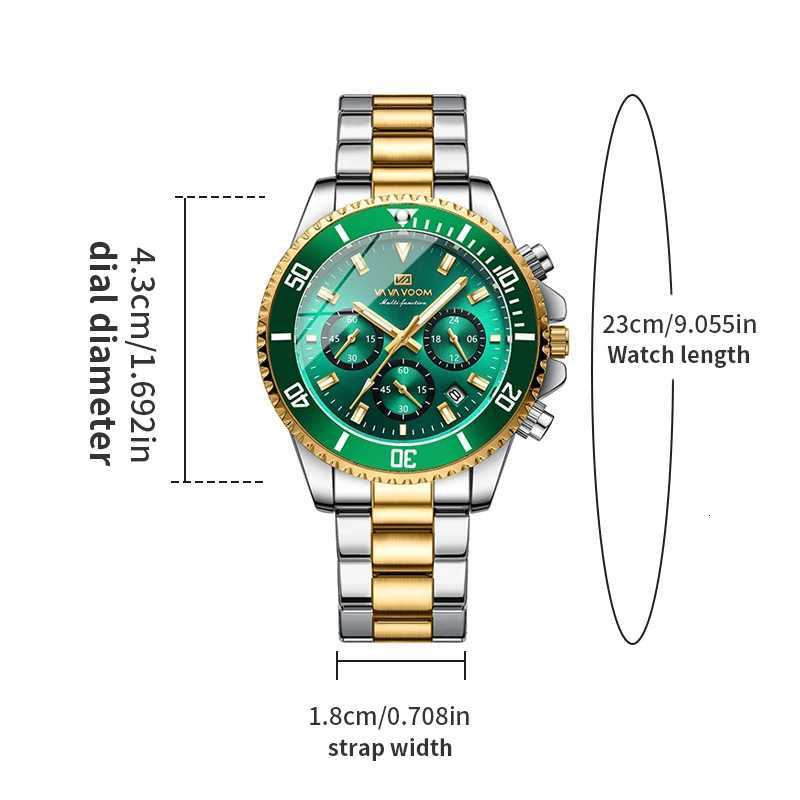 VA VOOM Brand Top Men Watch 1Pc Multifunctional Fashionable Timing Dial Green Gold Stainless Steel 3Bar Timing Watch for MenL251023