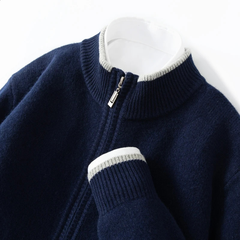 Mens 100 Merino Wool Warm Sweater Mock Collar Thickened Zippered Cardigan Autumn Winter Cashmere Knitted Montage Tops 251023