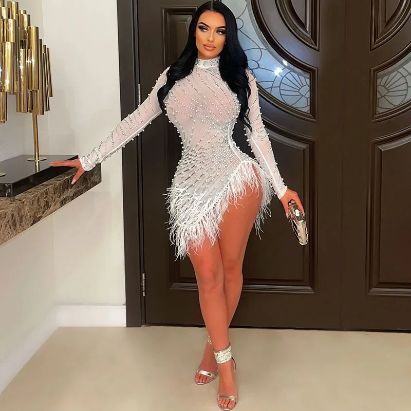 Sexy Pearls Rhinestone Party Dresses Women Elegance Nightclub Feather Birthday Dress Long Sleeve Mesh Sheer Bodycon Mini Dress 251020
