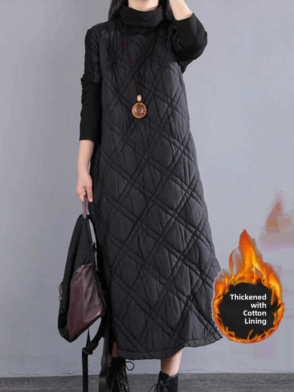 Retro High Collar Cotton Blend Long Dr Womens Loose Fit Thiened Autumn Winter Casual Sle ALine Skirt 251022