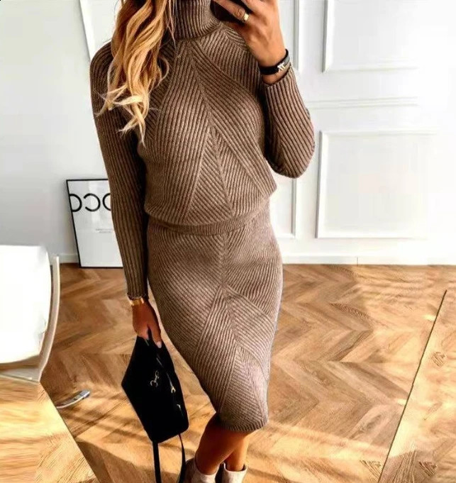 TwoPiece for Women Outfits Autumn Knit Turtleneck Long Sleeve Pullover Sweater Midi Skirt Womens Warm Suits 251022