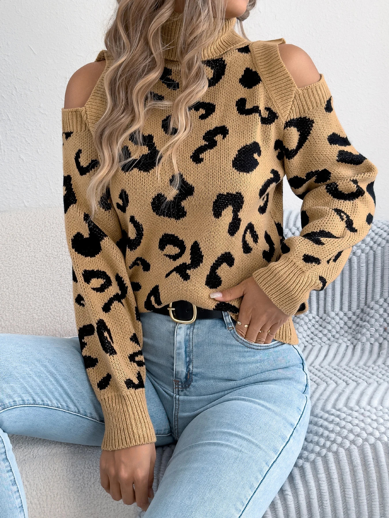Womens Off Shoulder Leopard Print Tops Casual Turtleneck Lantern Long Sleeve Knitted Sweaters for Autumn Winter Khaki Rose 251023