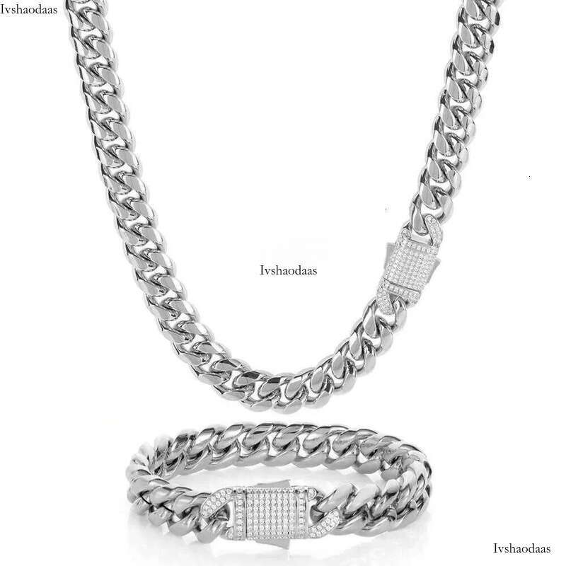 Hip Hop Miami Titanium Steel Mens Nece Bracelet Set with Zircon Spring Buckle Cuban Link Gold Chain Popular Jewelry chains 825 aaa