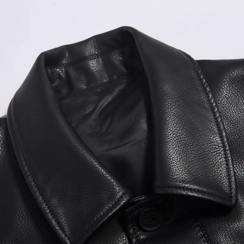 Mens Long Leather Trench Coat Autumn Winter HighEnd Business Casual Lapel Velvet Trim Fashionable Elegant Outerwear 251014