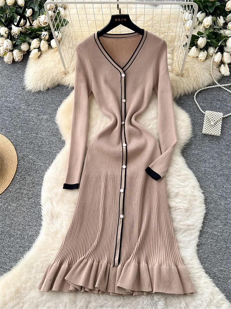 SINGREINY Autumn Women Fishtail Long Dress V Neck Single Breasted Elastic Sheath n High Quality Knitting Sweater 251022