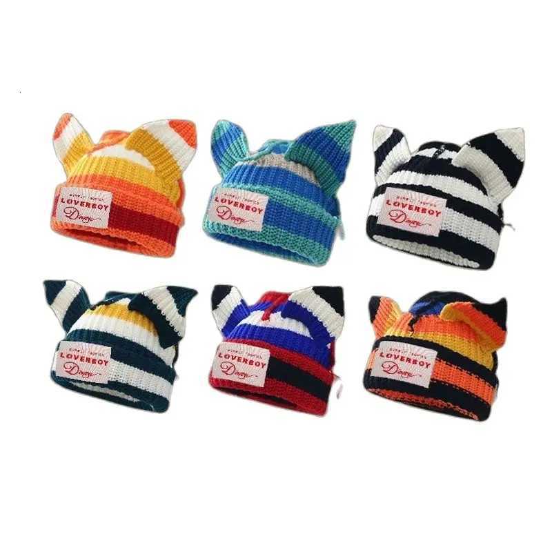 Stripe Hat Niche Design Personalized Cat Pig Ears Knitted Wool Hat Cute Warm Winter Hats for Men Women Beanies SkulliesXJ251023