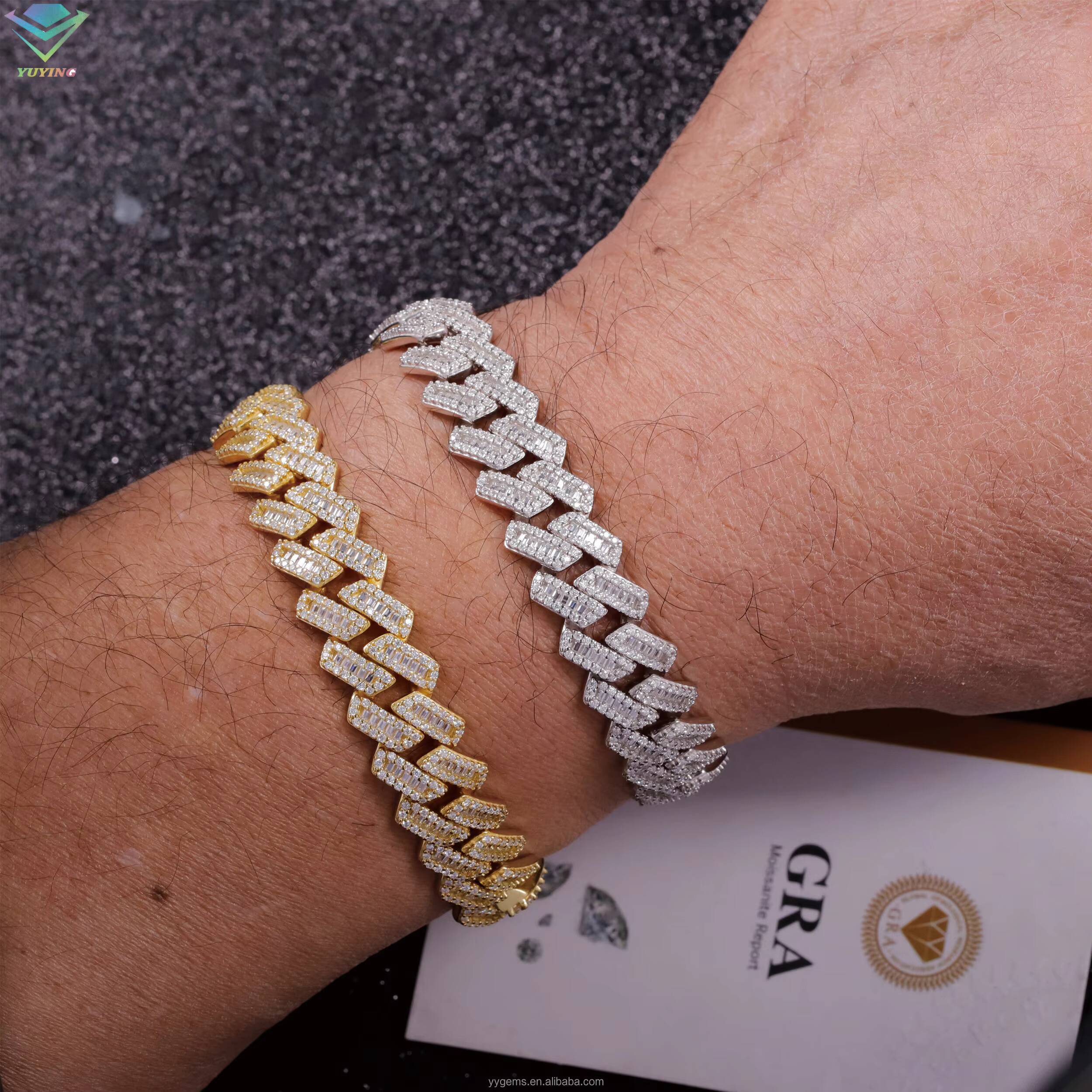 VVS Baguette Diamond 925 Silver Mans Cuban Bracelet with 18k Gold Plated for Hiphop Moissanite Jewelry