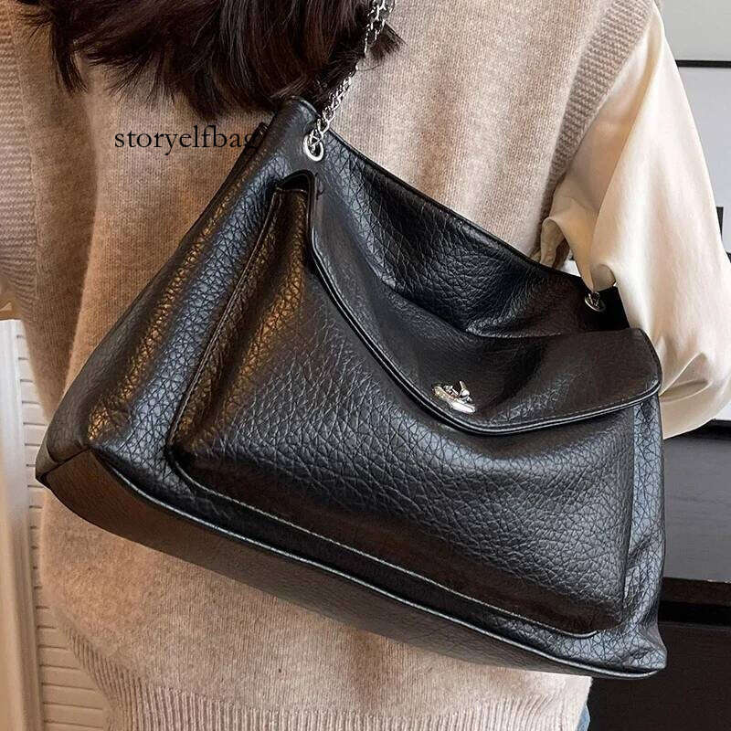 Female Large Black Tote Handbag Multi Pocket Ladies Metal Chain Shoulder Bag Soft Pu Leather Women's Serviceable Crossbody Bags