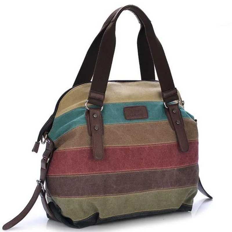 Canvas Totes Striped Womens Handbag 2021 Patchwork Rainbow Shoulder Bag Fashion Female Casual Crossbody Bag Sac A MainL251023