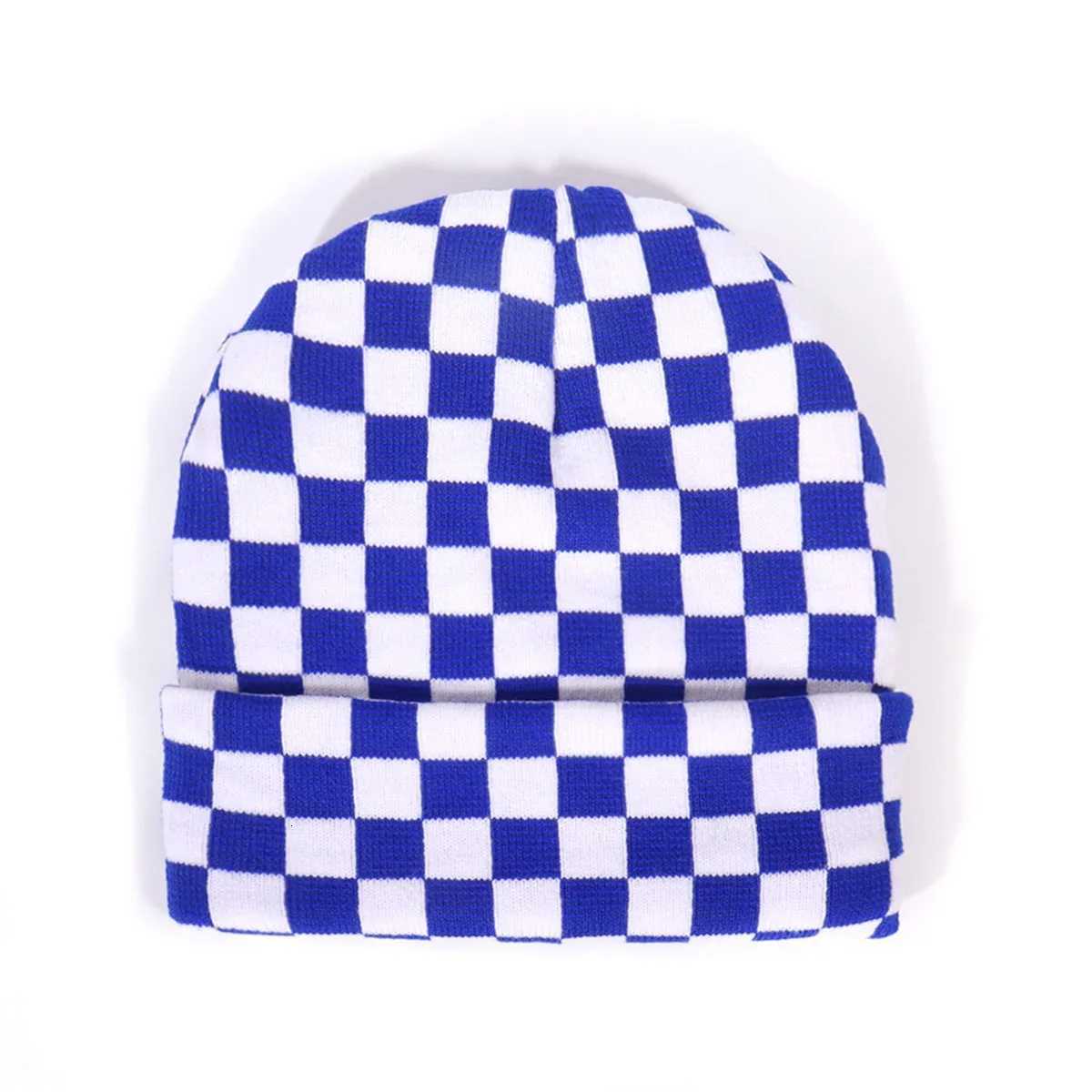 Checkered Jacquard Roll Brim Knit Beanie Minimalist White Streetwear Unisex Couple Winter HatXJ251023