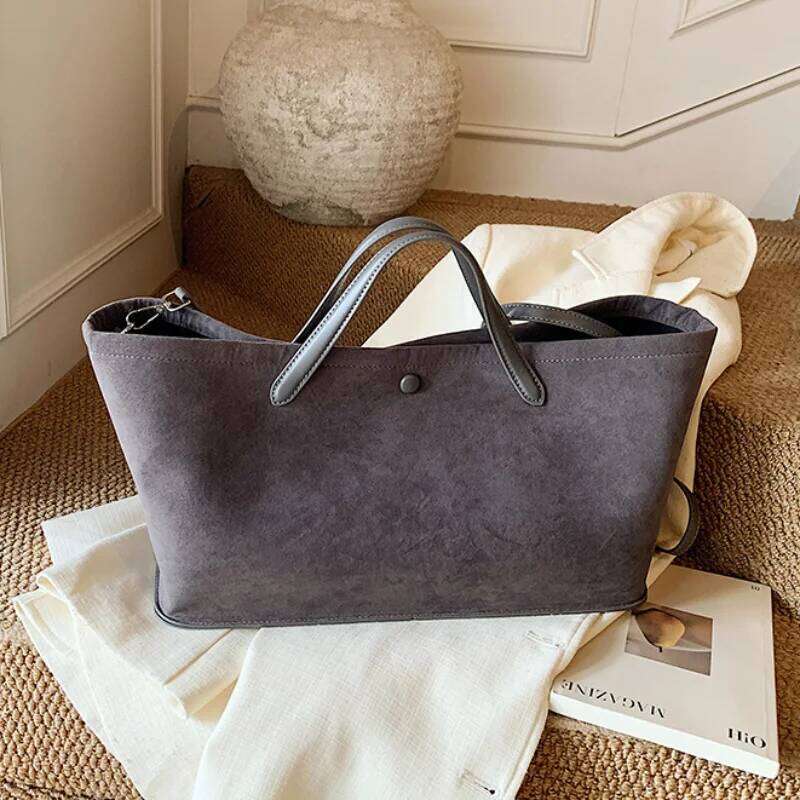 Women's Suede 2In1 Tote Retro Versatile Large-Capacity Snap Button Shoulder Crossbody Bag Foldable Commuter Underarm Handbag