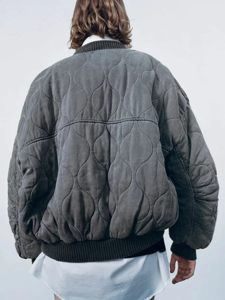 Womens Cotton Round Neck Jacket Coat Warm Loose Zip With Button Grey Fashion Vintage 251018