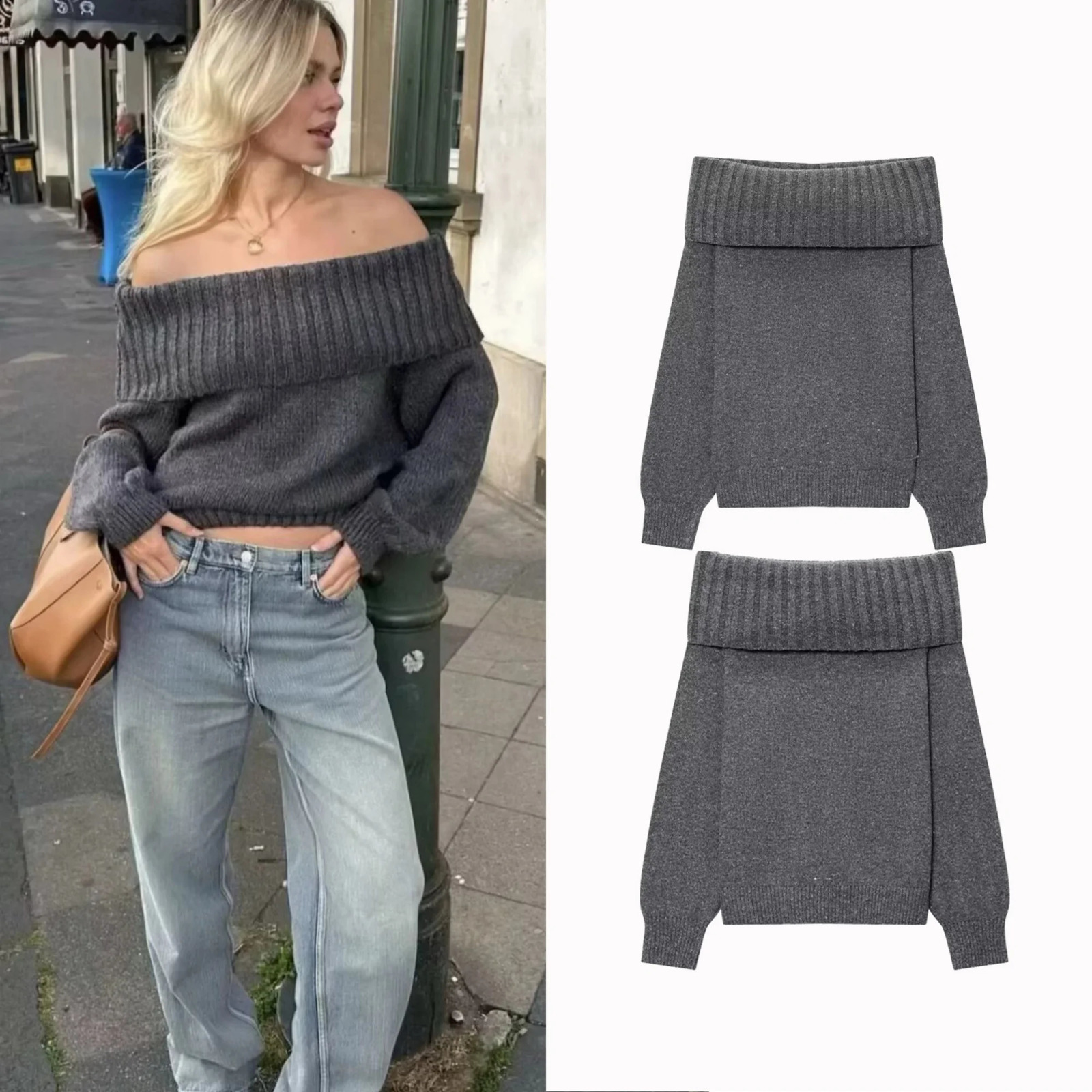 Women Boat Neck Fashion Solid Off Shoulder Sweater Long Sleeve Knitted Pullover Sweater Autumn Female Casual Knitwear Chic Top 251023