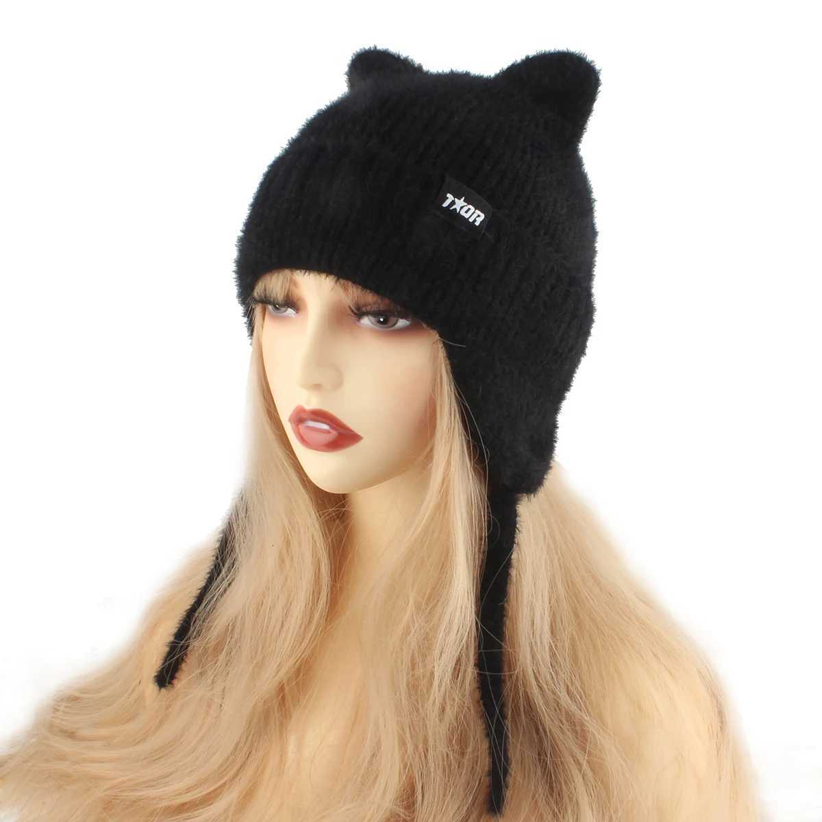 Winter Warm Soft Stretch Slouchy Beanie Hats For Women Fashion Cute Cat Ears Earflap Hat Outdoor Ear Protection Fuzzy Ski CapXJ251023