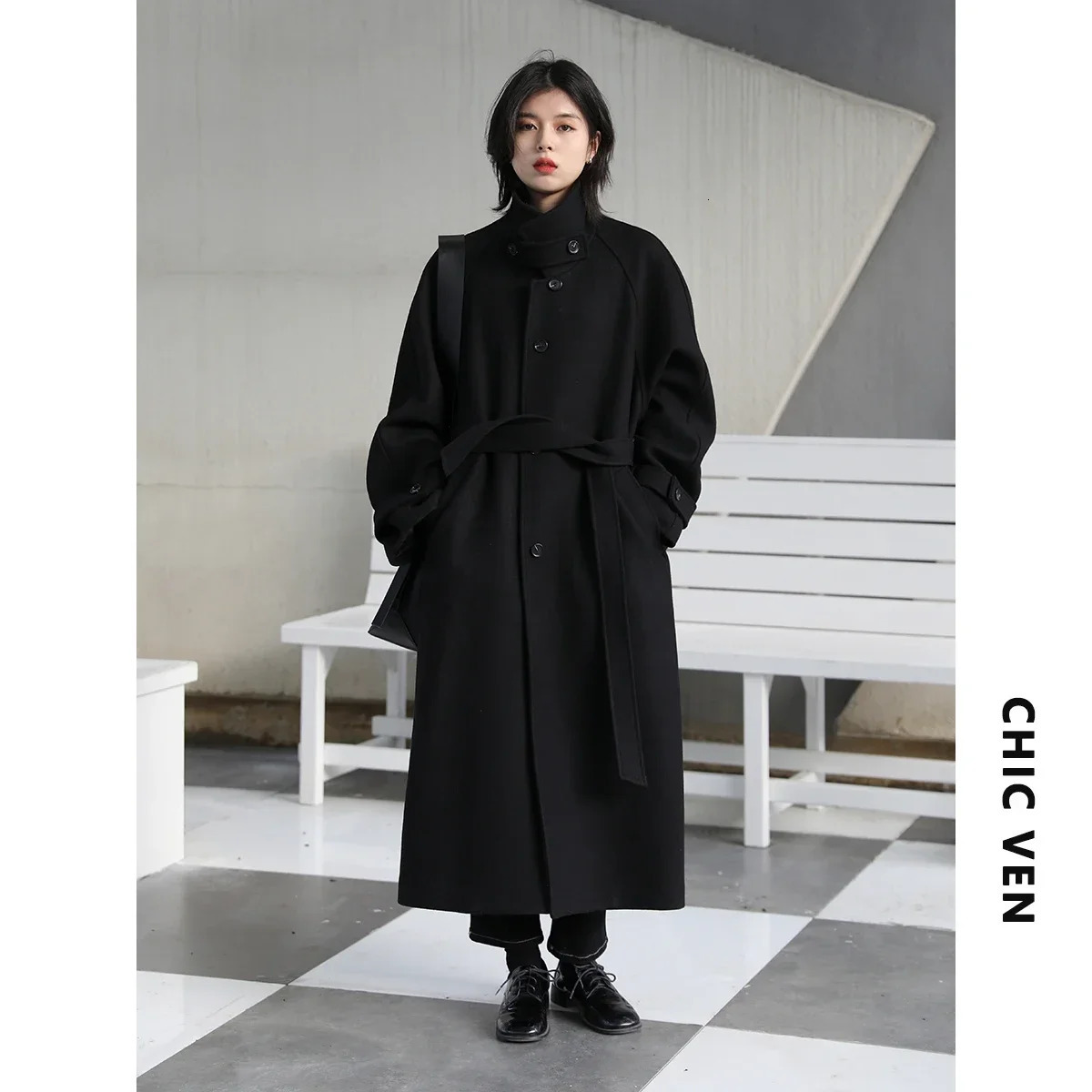 CHIC VEN Women Long Trencn Coat Standing Belt Lace Up Woolen Coat Raglan Sleeves Long Overcoat Office Lady Autumn Winter 251020