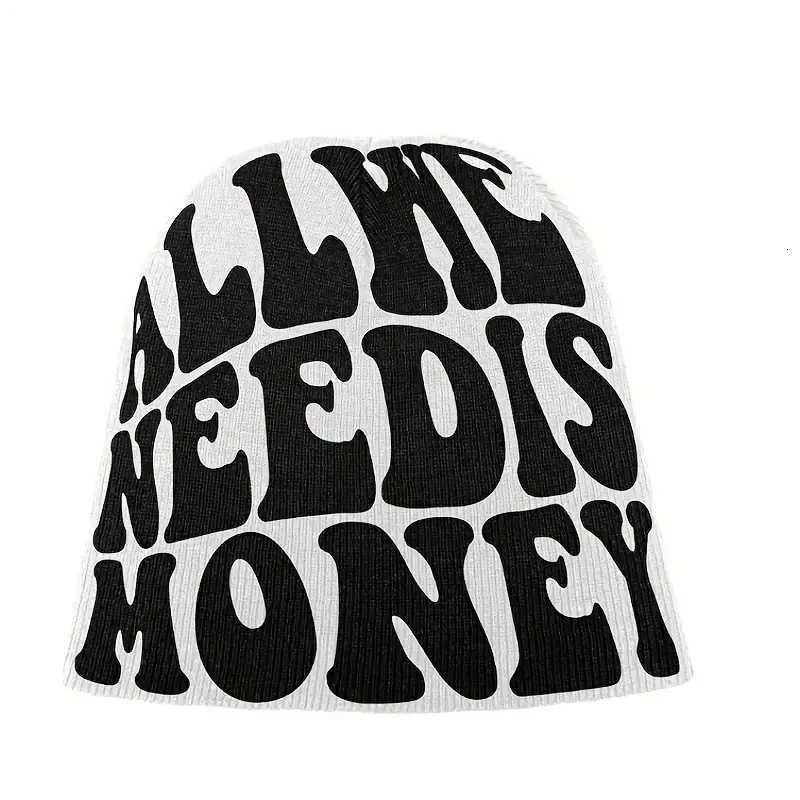 ALL WE NEED IS MONEY Beanie Letter Jacquard Hip Hop Knit Hat Unisex Y2K Skull Cap Warm Elastic Beanies Cap For Women MenXJ251023