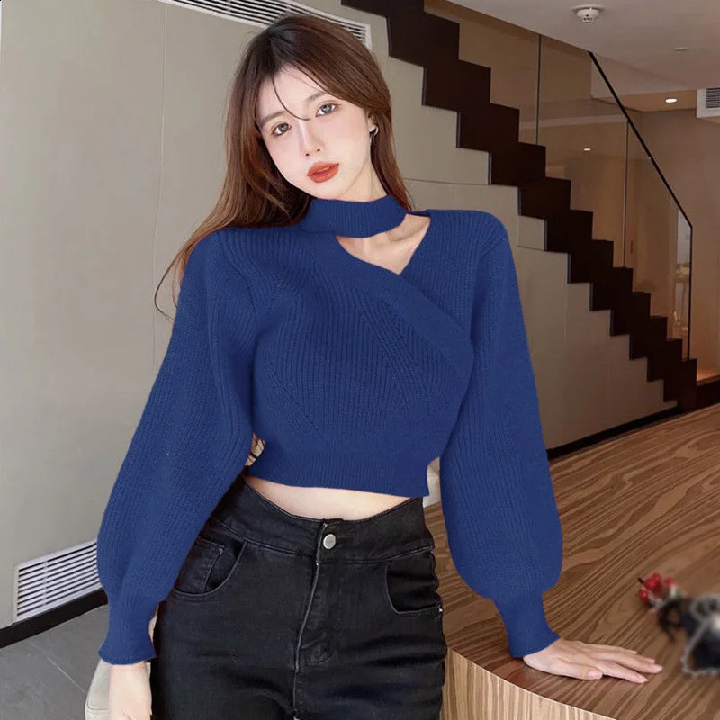 Womens Neck Hanging Solid Sweater Warm Pullover Sweater Vneck Cross Neck Off Shoulder Knitwear Tops 251023