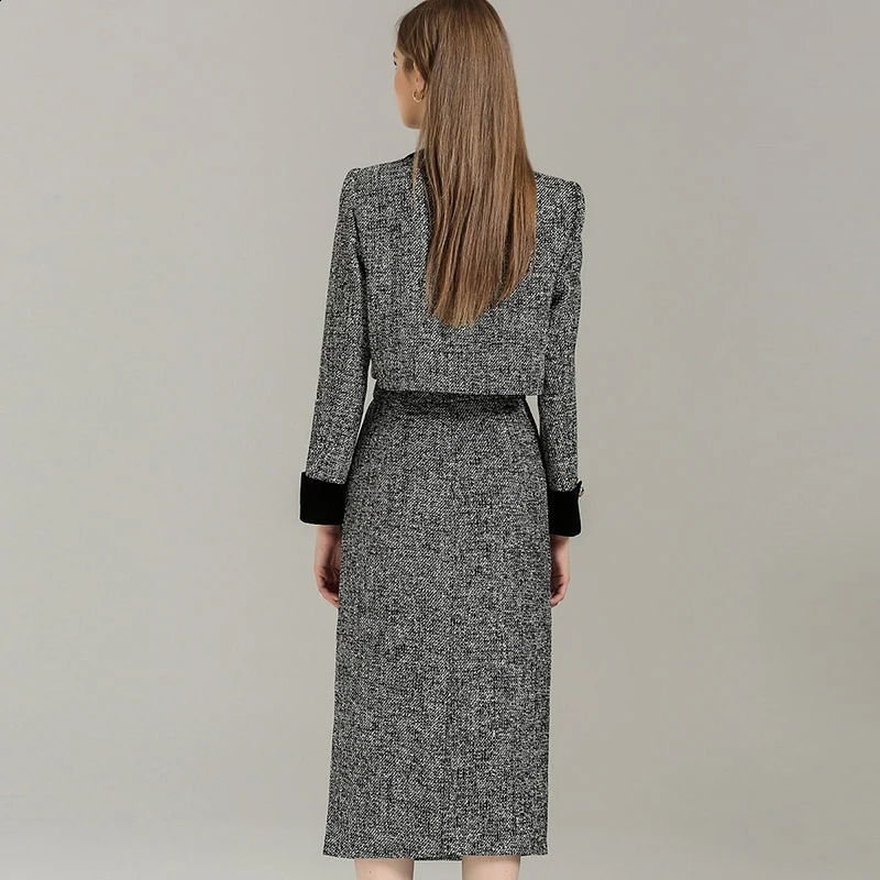 EVNISI Women Elegant TwoPiece Wine Tweed Cardigan Coat Aline Skirt Set Button Up Long Sleeved Chic JacketHigh Waist 251022