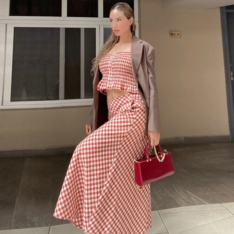 MUJER 2025 Plaid Long Skirt Sets for Women 2 Pieces Ruched Crop Top Woman Summer High Waist Midi Holiday Outfits 251016