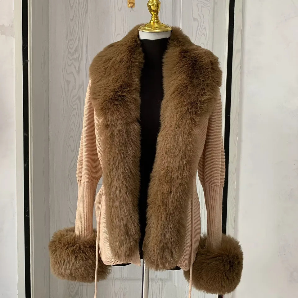 Women faux fur knitted cardigan with fox whole collar Autumnwinter y fashion sexy artificial 251022