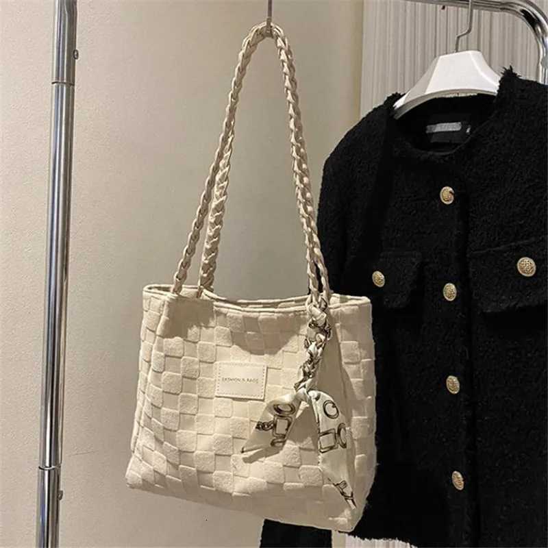 Casual Plaid Pattern Womens Tote Bag Solid Color All Match Commuter Handbag Shoulder Bag with Scarf DecorL251023