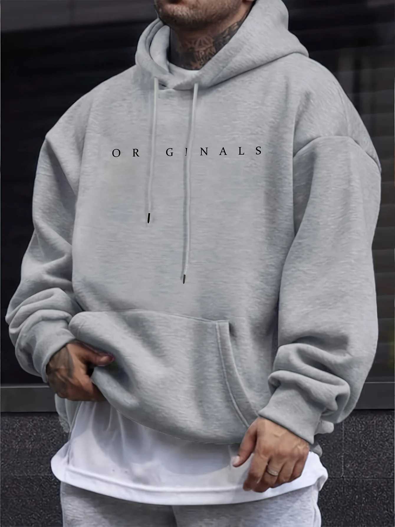 Mens autumn and winter casual fashion loose ORIGINALS letter printed long sleeved hooded sweatshirt warm pulloverT251023