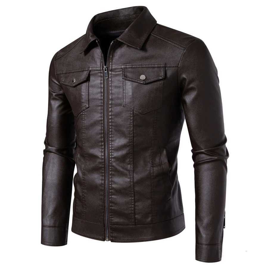 Mens casual PU leather jacket lapel biker jacket fashionable slimfitting mens faux leather shirtstyle jacket W251023