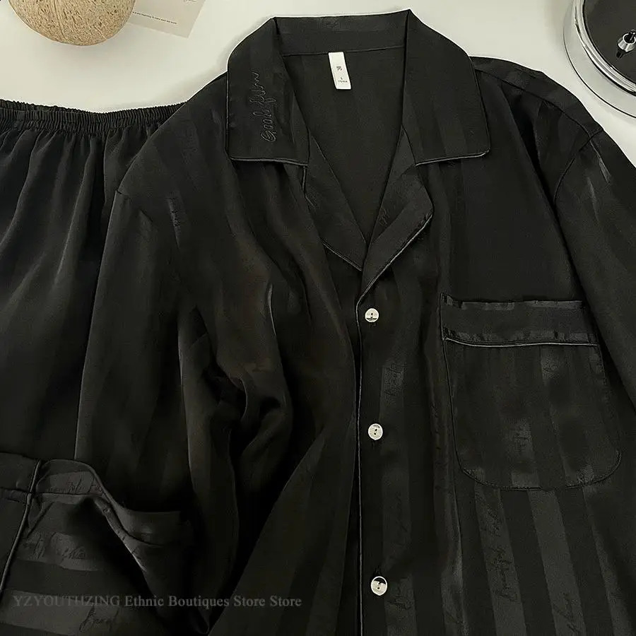 Men 2PCS Pajamas Set Loungewear Print Stripe Sleepwear Long Sleeve Trouser Suits Loose Silky Satin Home Clothes Night Wear 3XL 251021