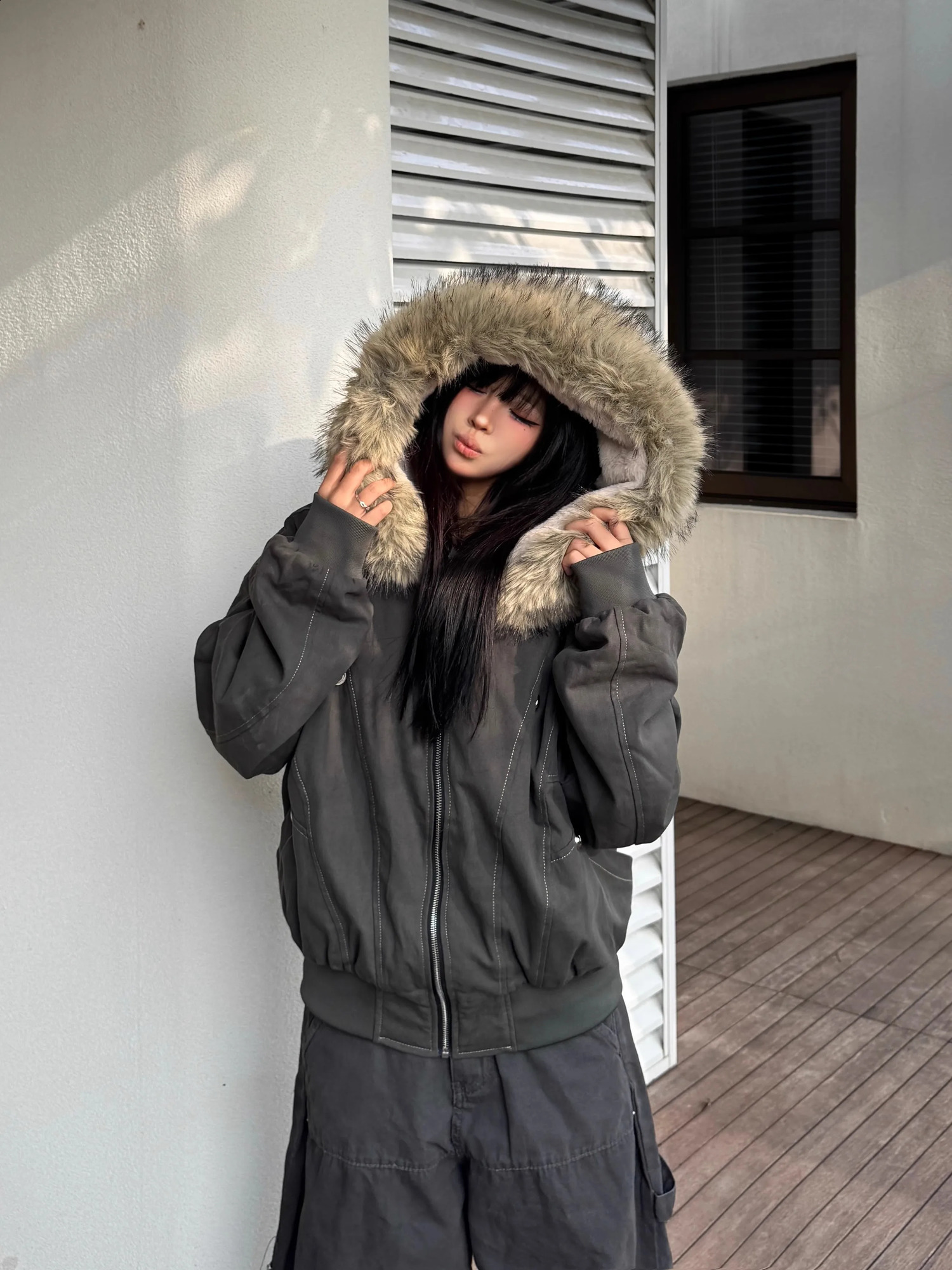 Autumn Winter Cotton Padded Jacket Women Outerwear Thick Warm Oversize Short Coat Female Hooded Long Sleeve Fur Collar Parkas 251021