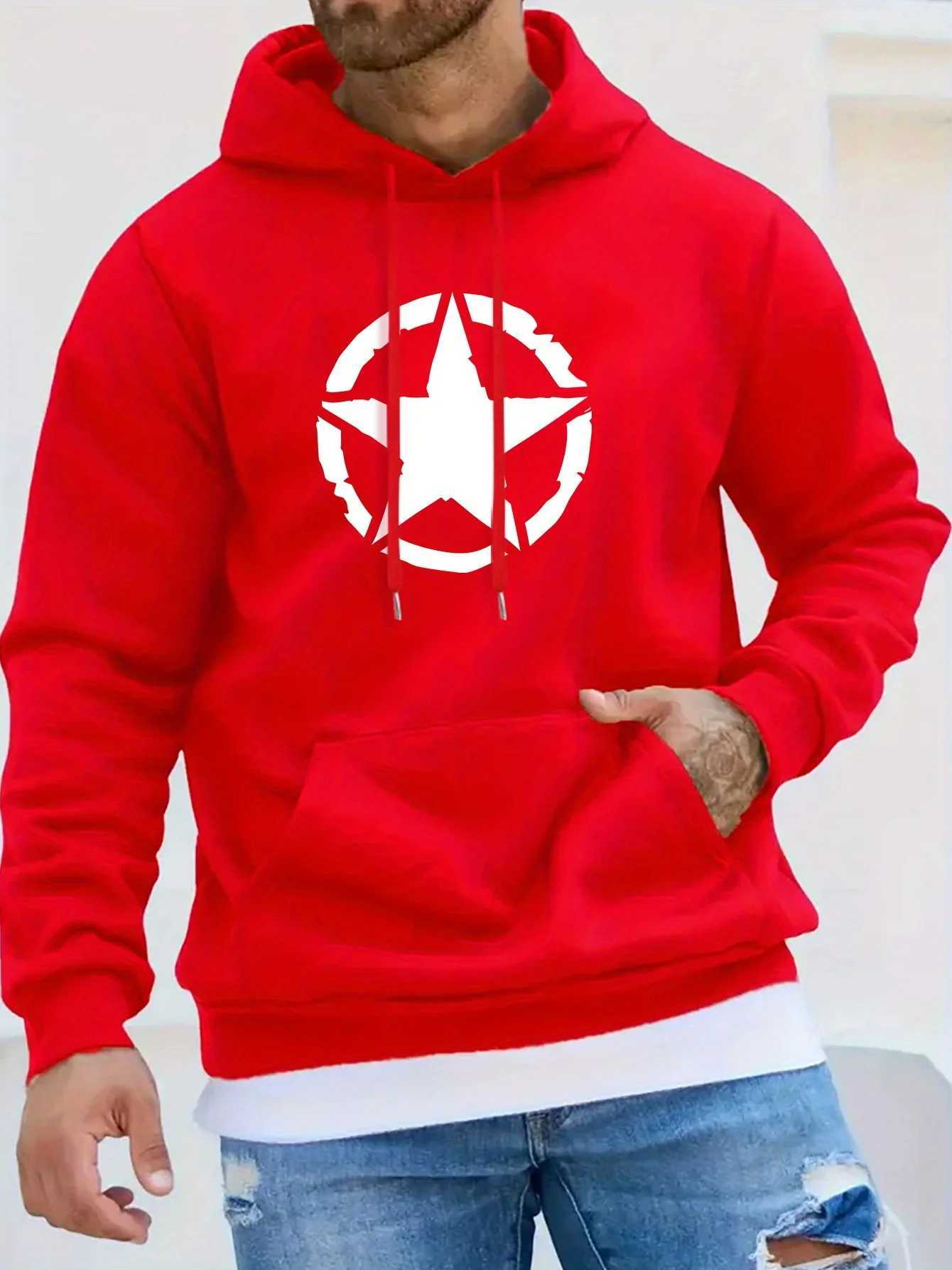 2025 Mens casual fashion hoodie geometric star pattern sportswear front pocket and hood with regular fit seasonal hot fashionT251023