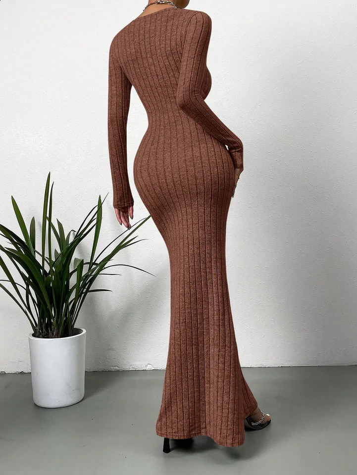 Womens Sexy Square Neck MidLength Knitted Dress Slim Fit Retro LongSleeved Wrap Hip Robe for Fall 251022