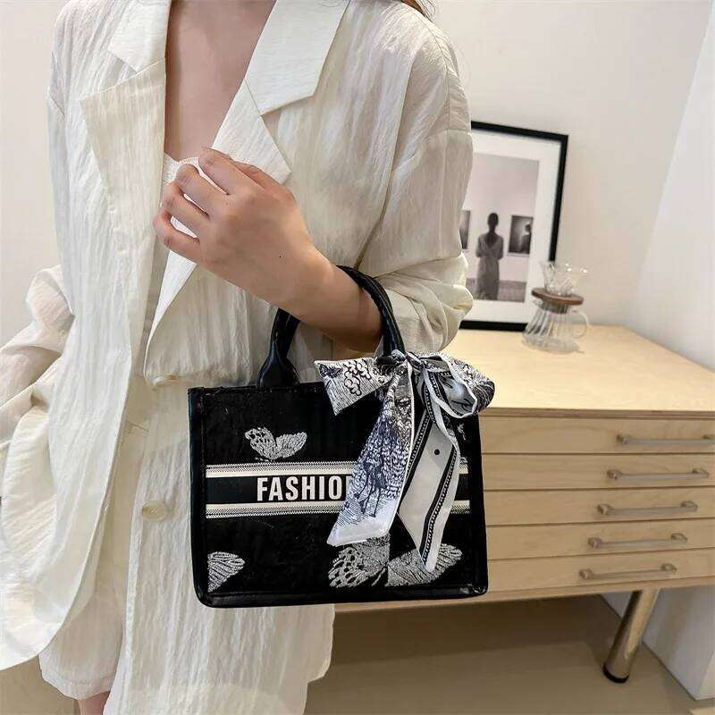 Chic Embroidered Letter Handbag Women Casual Fashionable Versatile Silk Scarf Bow Handbags Shoulder Bag. Everyday Tote Bag Purse