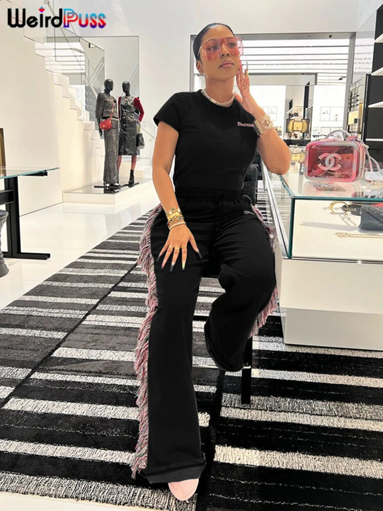 Weird Puss Casual Sporty 2 Piece Set Women Letter Embroidery Crop TopsSide Tassel Straight Pants Matching Streetwear Tracksuits 251022
