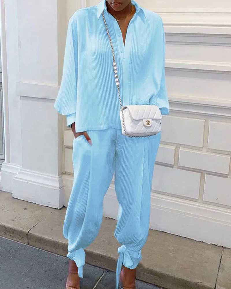 Classic Solid Shirt Pants Set Women Casual Loose Long Sleeved Lapel Elastic Waist Two Piece Suit 2025 New Summer Street OutfitT251022