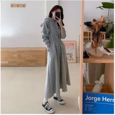 Long Casual Hoodie Dress Womens plus Size High Waist Lengthening Knee Autumn Spring Seasonal Polyester Fiber 251022