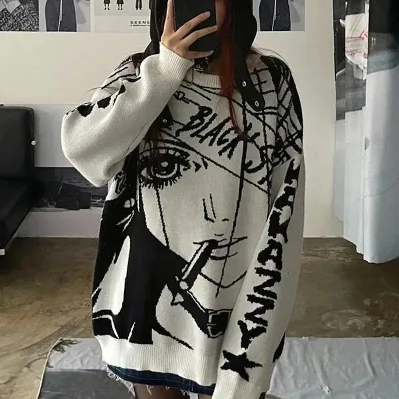 Y2k Autumnwinter Sweater Cartoon Anime Knit Long Sleeve Round Neck Pullover Loosefit Fashionable Trendy Top For Men Women 251023