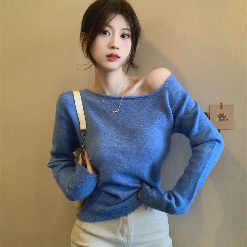 Blue Irregular Offshoulder Sweater Knitted Sweater for Women Chic Short Longsleeved Base Shirt Top 251023