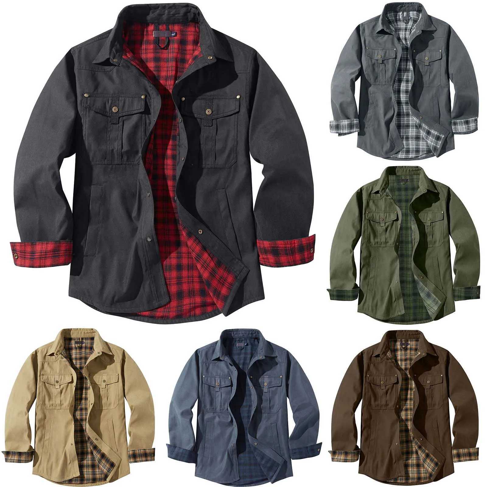Mens Plus Size Lapel Plaid Flannel Casual Jacket European And Retro Foreign Trade Winter Warm Thickened Solid Color Jacket W251023