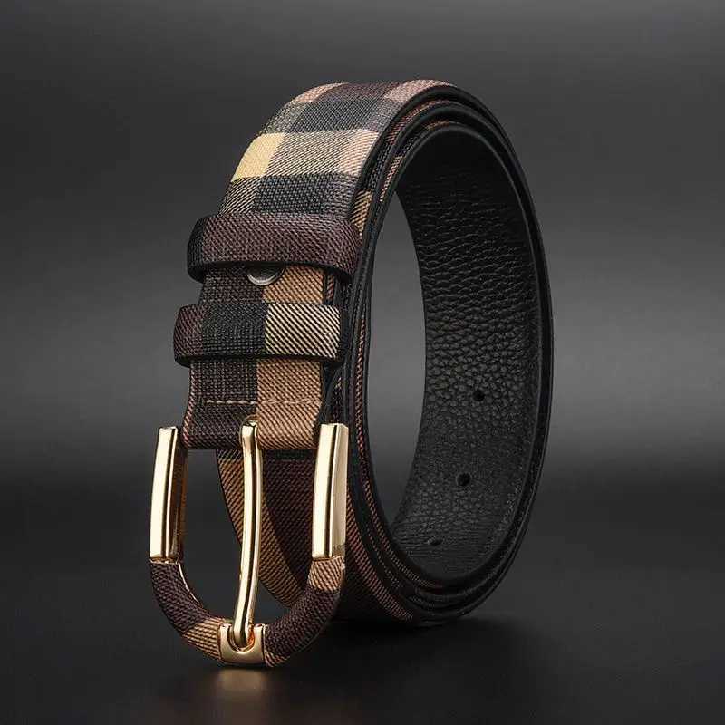 Mens button leather belt with top layer cowhide plaid fashionable trend high sense of fashionXJ251023