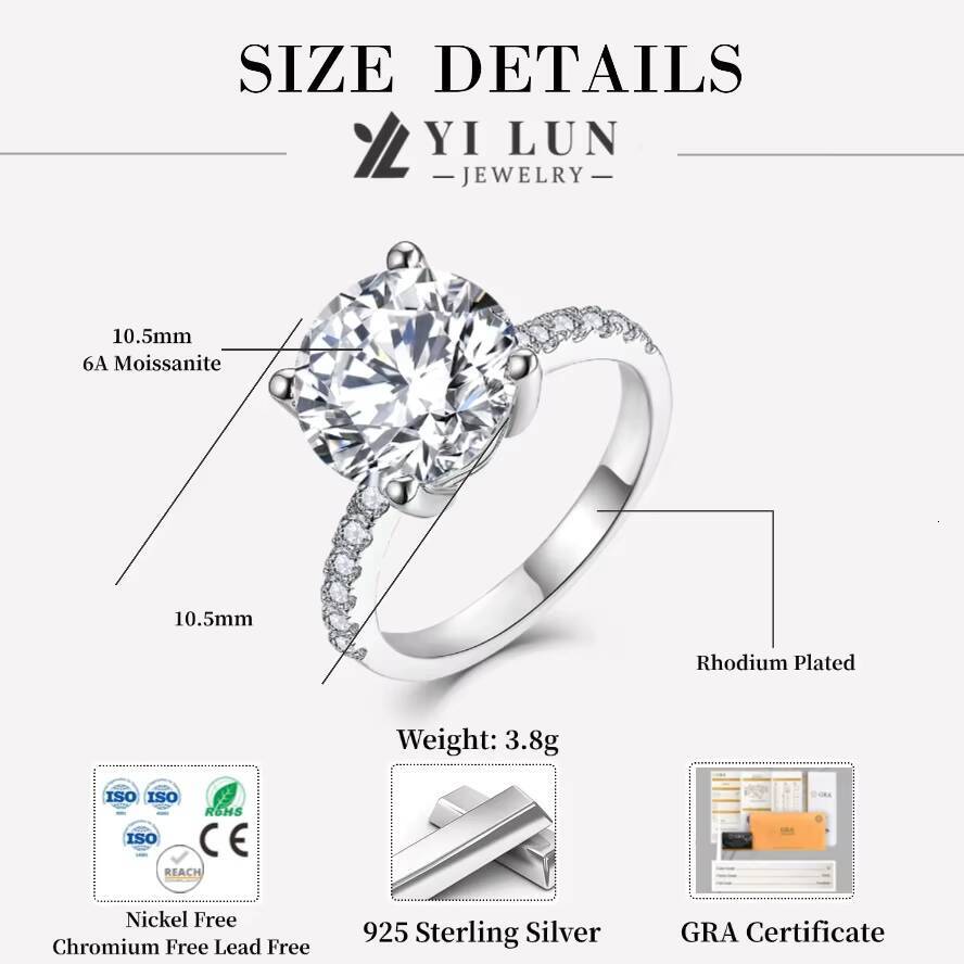 YILUN 4ct Moissanite Diamond Engagement Ring Rhodium Plated 925 Sterling Silver Moissanite Engagement Ring With GRA Certificate