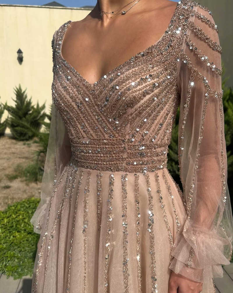 Modern Evening Dresses V-Neck Sequins Beads Tulle Long Sleeves Crystal Sequins Formal Prom Party Gowns Robe De Soriee Customized