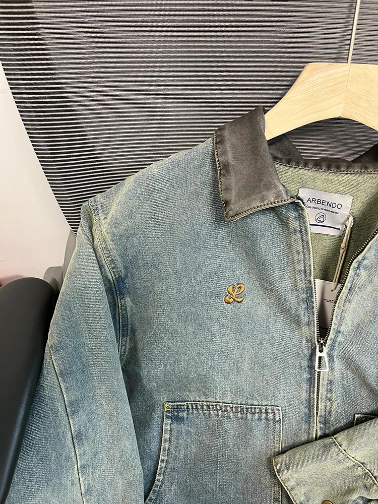Americana PU Collar Denim Jacket Vintage Washed Embroidered Badge Multi Zip Oversized Spring Fall Cargo Casual Coat 251017