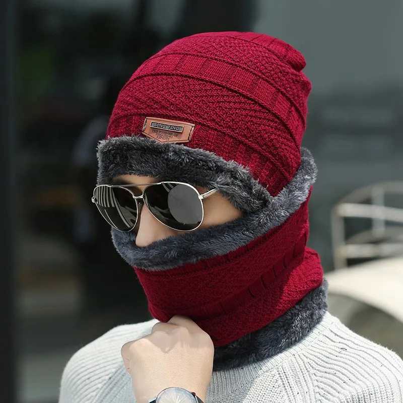 Winter hat mens warm and cold resistant with thick woon hat cotton hat cycling knitted hat neck protection scarf twopiece seW251023