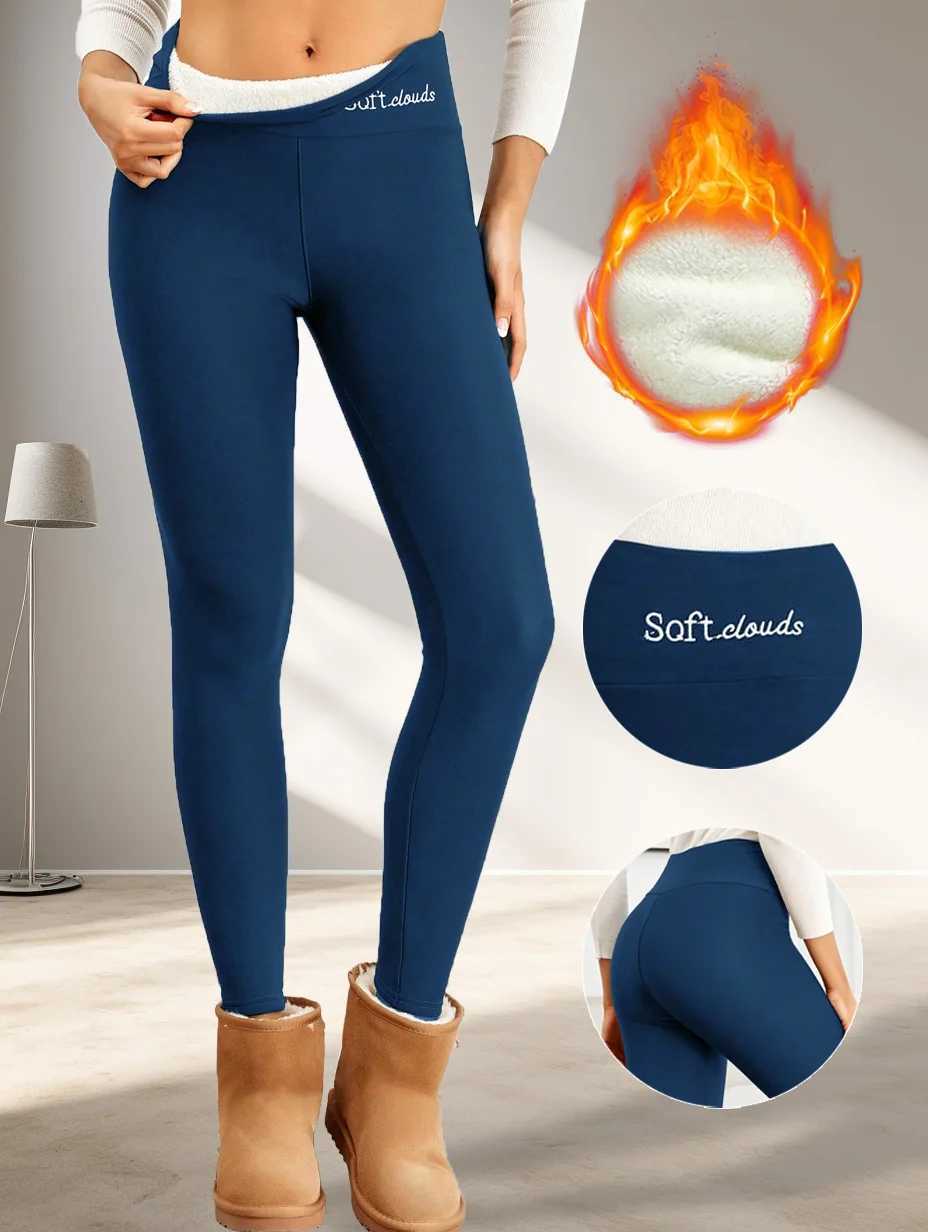 2024 Blue Thick Winter Leggings Women High Waist Warm Fashion Outdoors Leggings Women Autumn Velvet Pants Classic EmbroideT251023