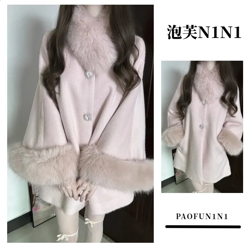 WoolCoat Women Clothing AutumnWinter French Lady Cloak Fur Collar Fashion Pink Mid Length Top Wool Outerwear Winter Coats 251016