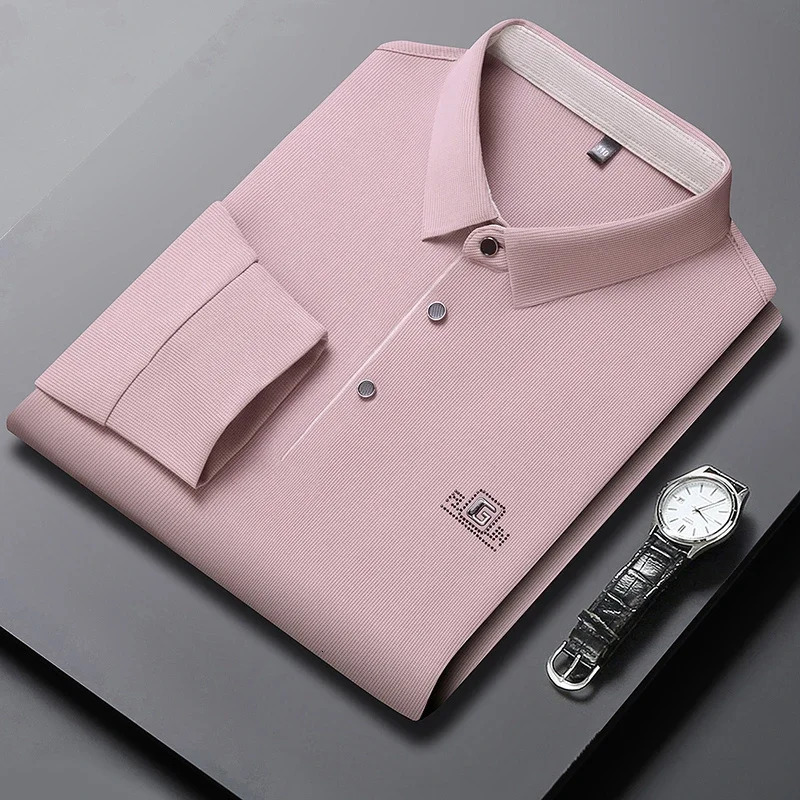 Mens Business Casual Long Sleeved Shirt with Badge Solid Color Polo Shirt Fashionable Breathable Comfortable Versatile Top 251020