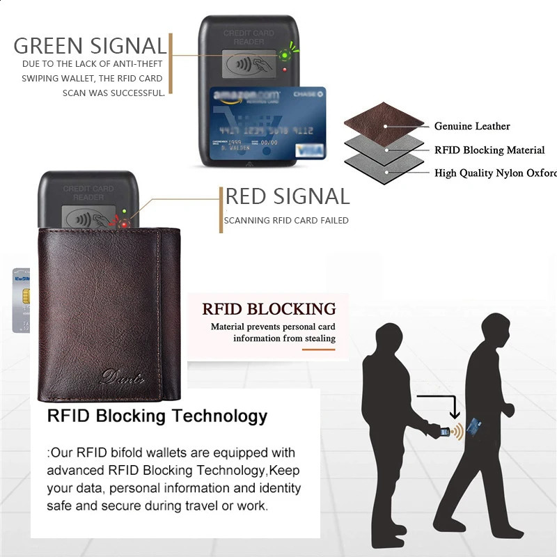 Dante Retro Three Fold Genuine Leather Mens Wallet with AntiTheft Card Swiping Head Layer Cowhide Wallets Multiple Card Slot251023